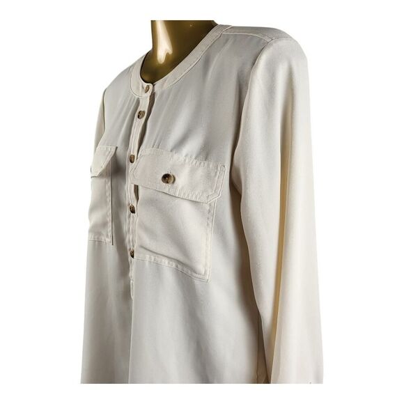 LOFT Small Off-White Henley Utility  Semi Sheer Blouse Button Front Long Sleeves - Picture 5 of 12
